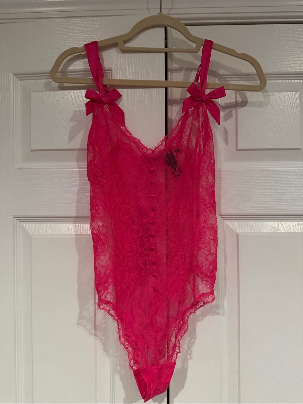 Victoria's Secret Sheer Lace Bow-Shoulder Teddy - Hot Pink